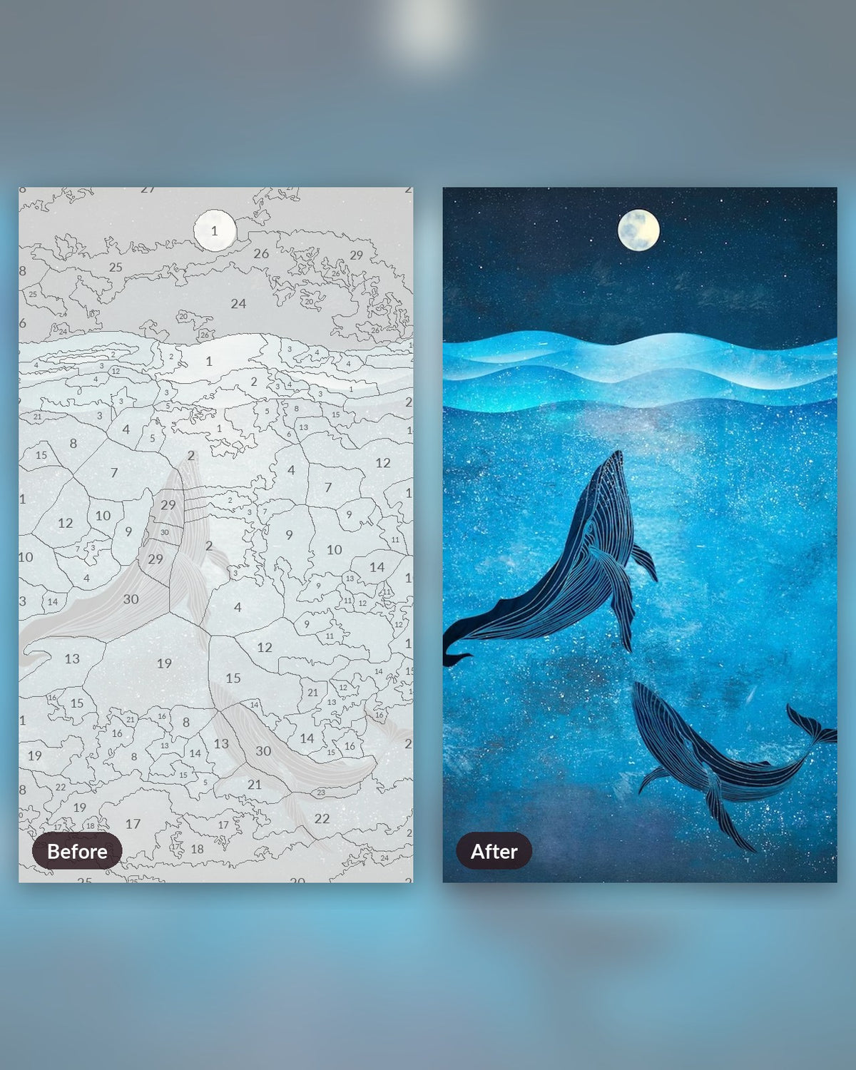 Blue Whales paint by numbers kit, before and after