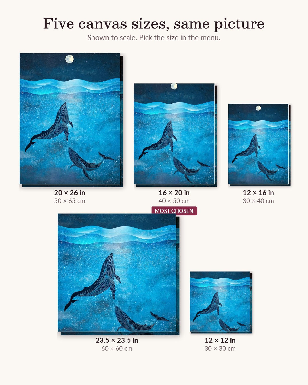 Blue Whales canvas sizes from 12 x 12 to 23.5 x 23.5 inches