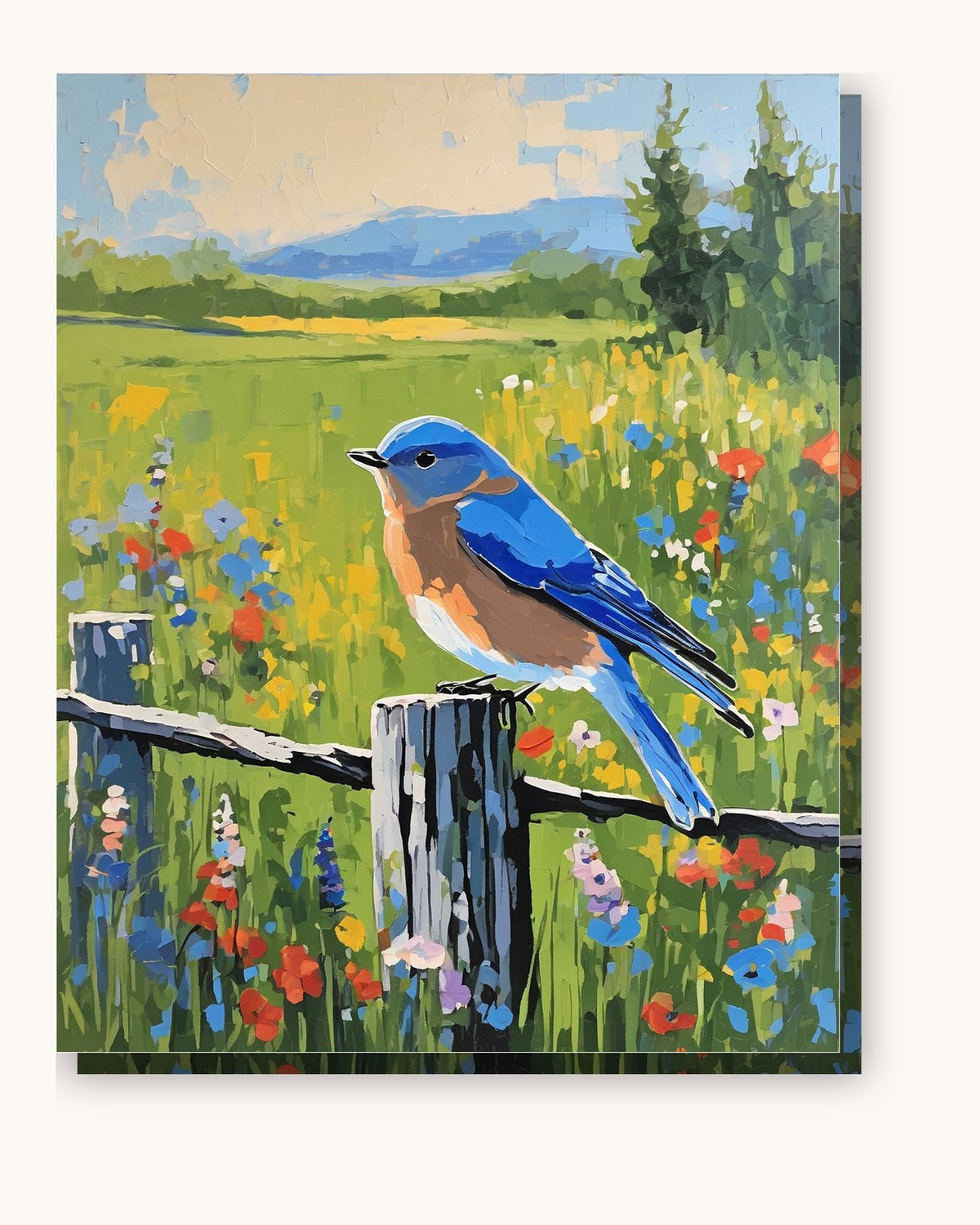 Bluebird on a Fence Post paint by numbers kit on stretched canvas