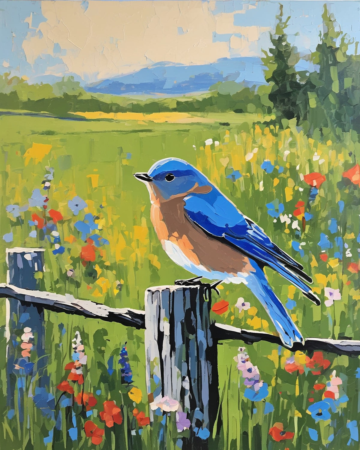 eastern bluebird on a weathered fence post in a green meadow with red and yellow wildflowers, paint by numbers kit