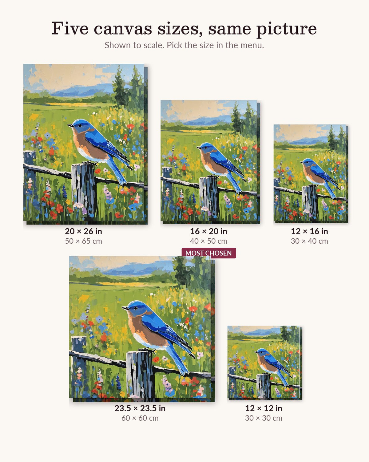Bluebird on a Fence Post canvas sizes from 12 x 12 to 23.5 x 23.5 inches