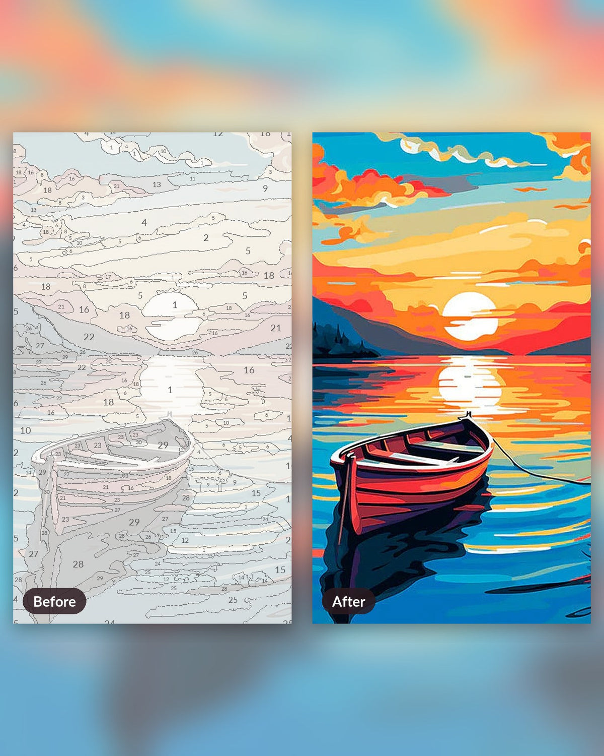 The Boat's Repose paint by numbers kit, before and after