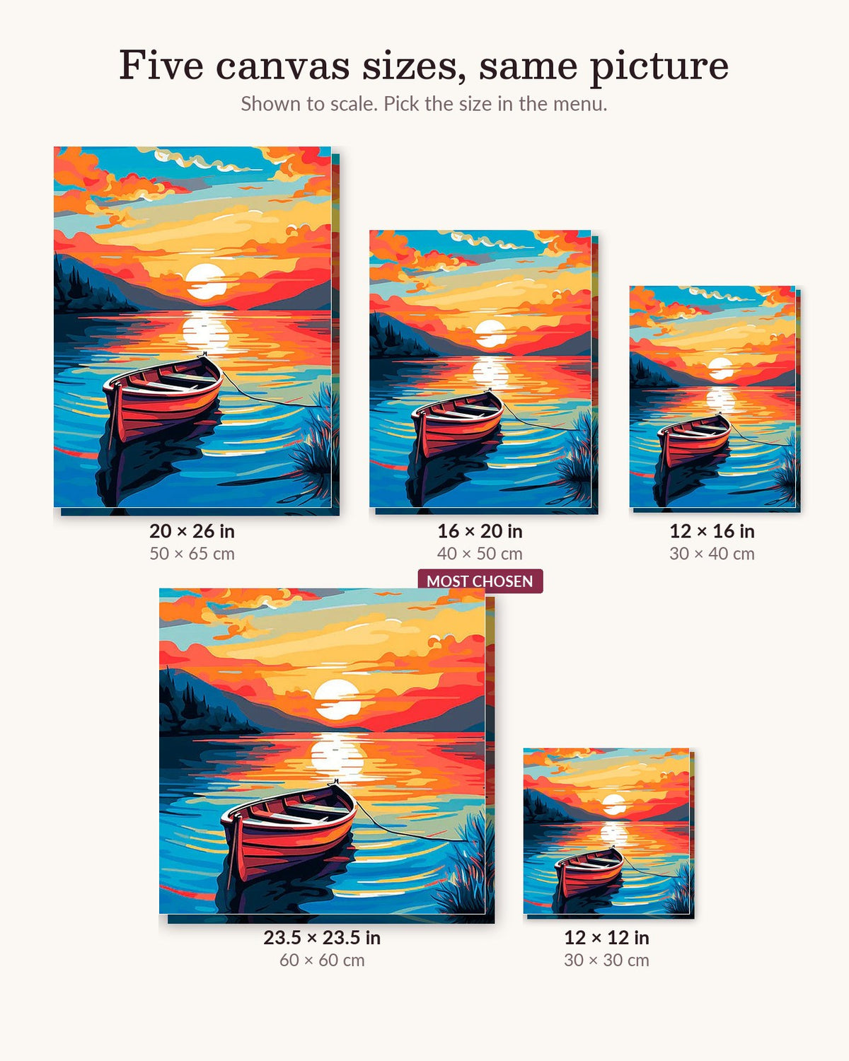 The Boat's Repose canvas sizes from 12 x 12 to 23.5 x 23.5 inches