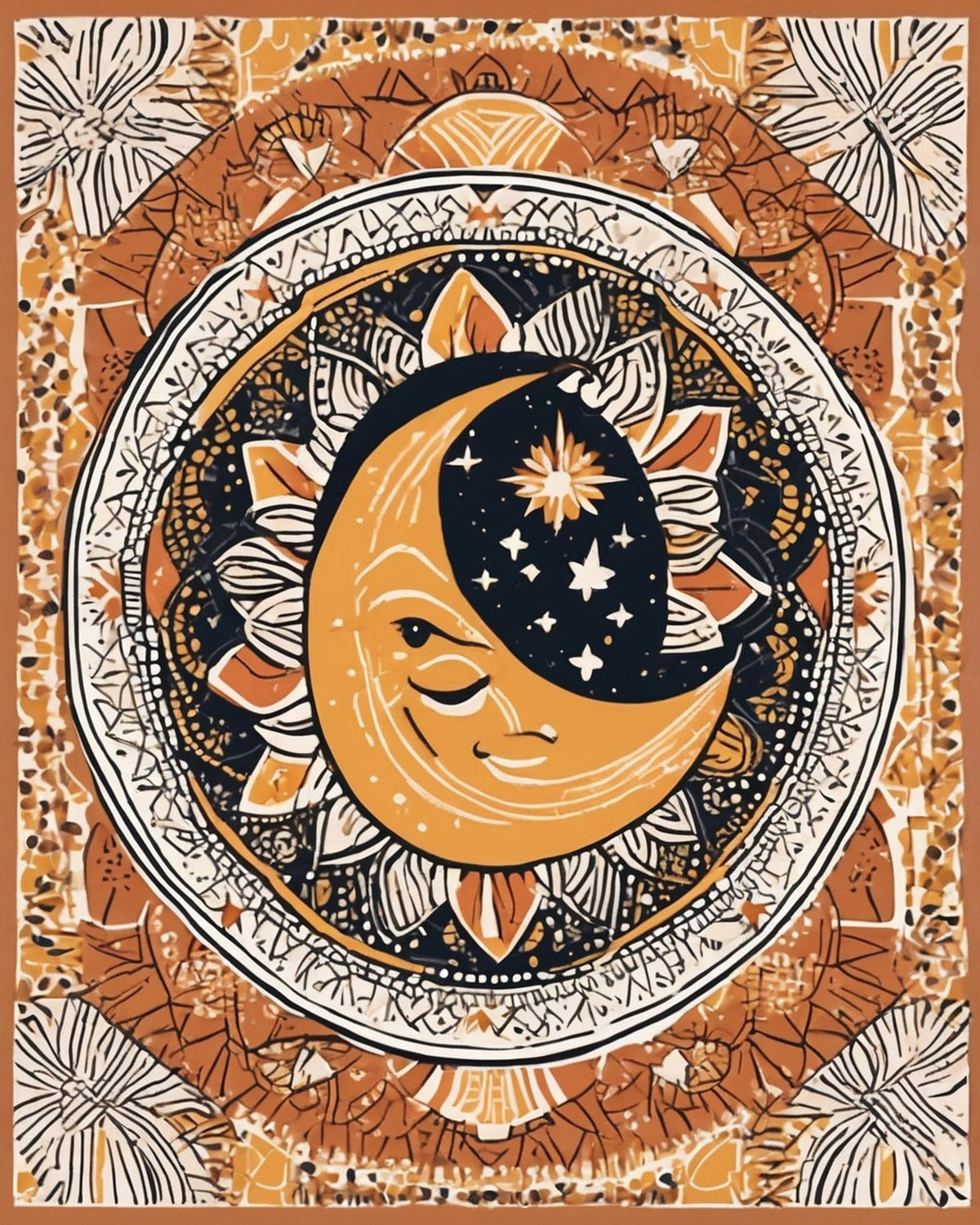 Boho Sun and Moon Wall Art paint by numbers kit, geometric sun and crescent moon design