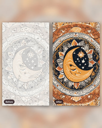 Boho Sun and Moon Wall Art paint by numbers kit, before and after