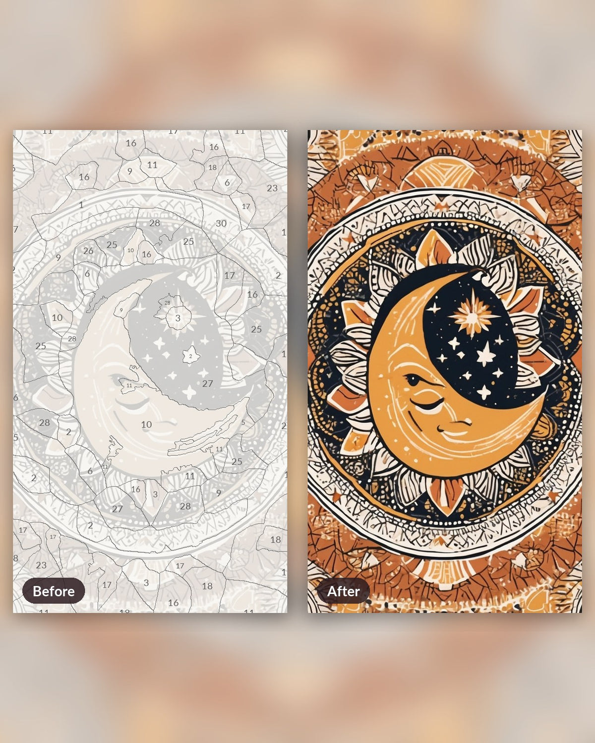 Boho Sun and Moon Wall Art paint by numbers kit, before and after