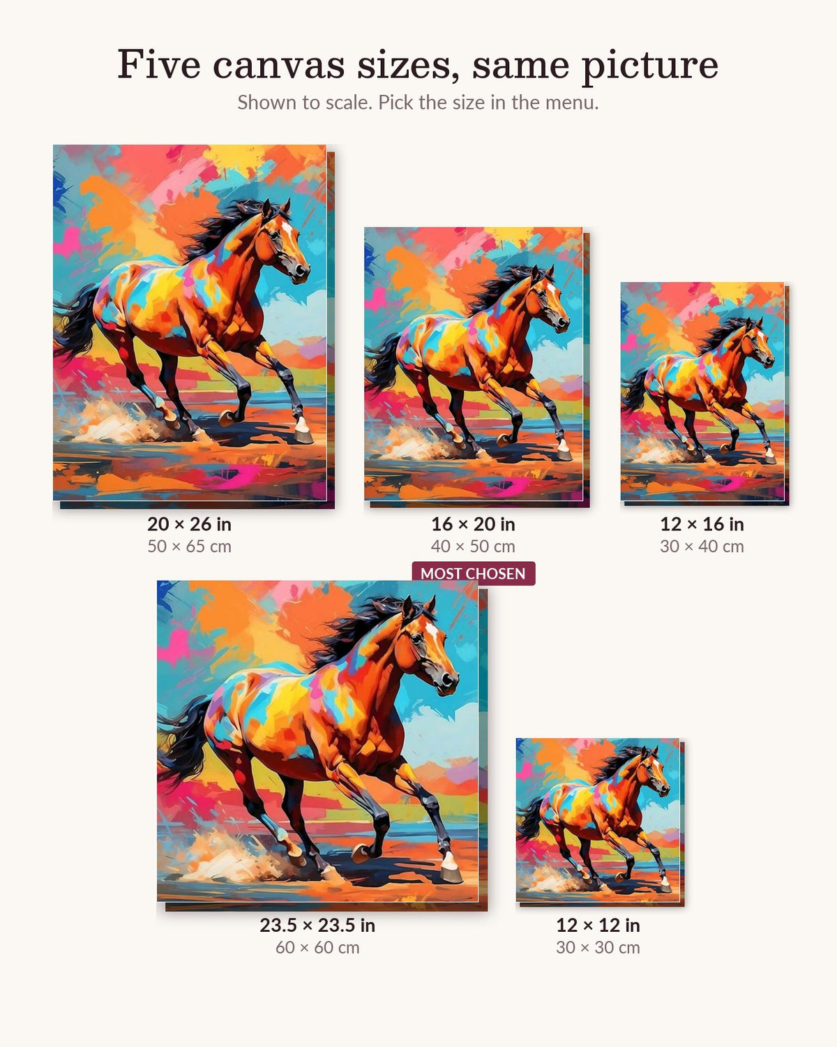 Bold and Free canvas sizes from 12 x 12 to 23.5 x 23.5 inches