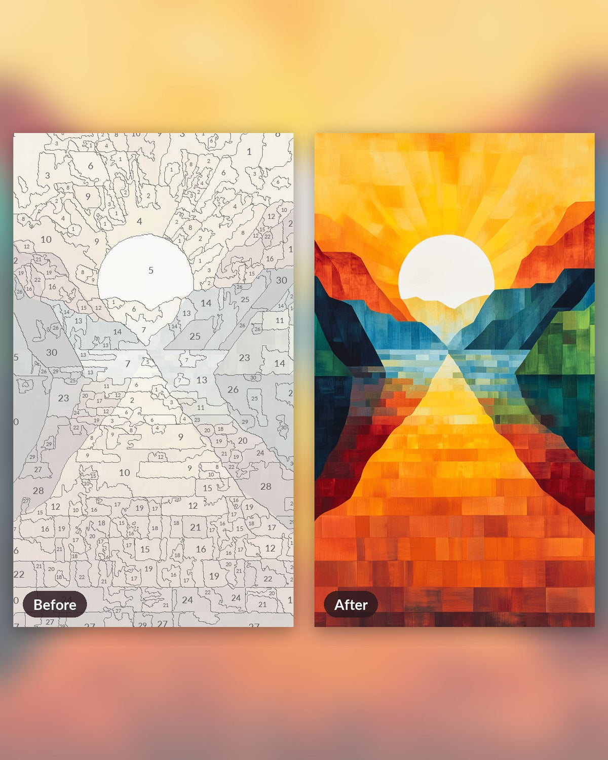 Bold Dawn paint by numbers kit, before and after