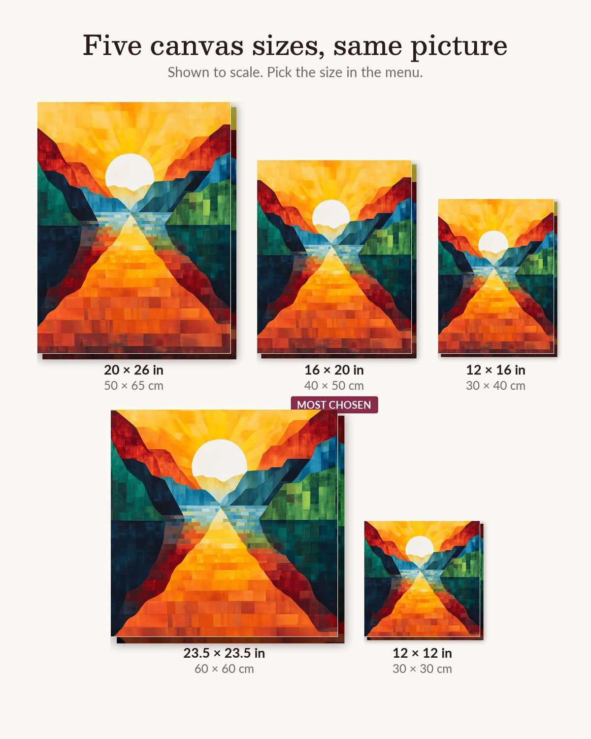 Bold Dawn canvas sizes from 12 x 12 to 23.5 x 23.5 inches