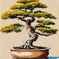 twisted bonsai tree with green and yellow leaves in a clay pot on a beige background, paint by numbers kit