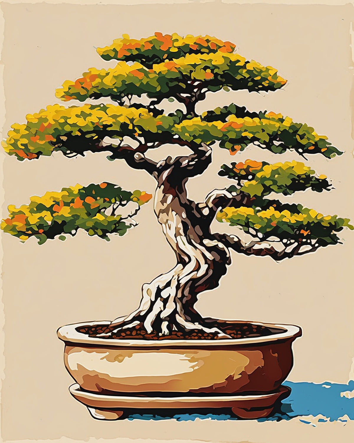 twisted bonsai tree with green and yellow leaves in a clay pot on a beige background, paint by numbers kit