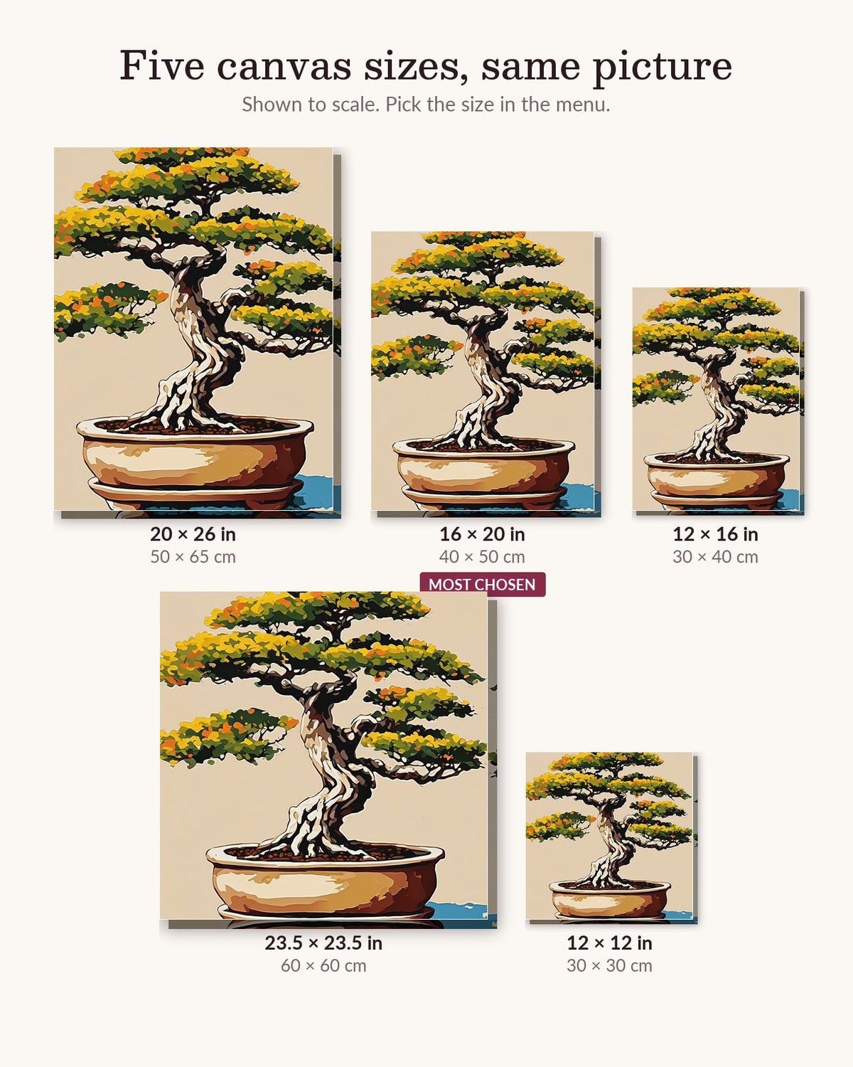 Bonsai Tree in a Clay Pot canvas sizes from 12 x 12 to 23.5 x 23.5 inches