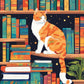 Bookshelf Cat paint by numbers kit, ginger cat sleeping on a tall bookshelf full of books