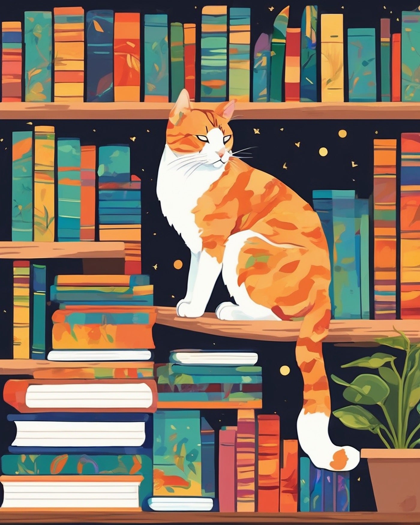 Bookshelf Cat paint by numbers kit, ginger cat sleeping on a tall bookshelf full of books