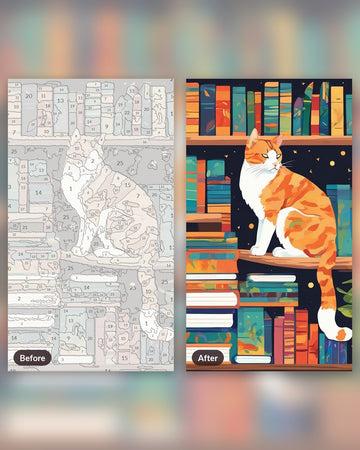 Bookshelf Cat paint by numbers kit, before and after
