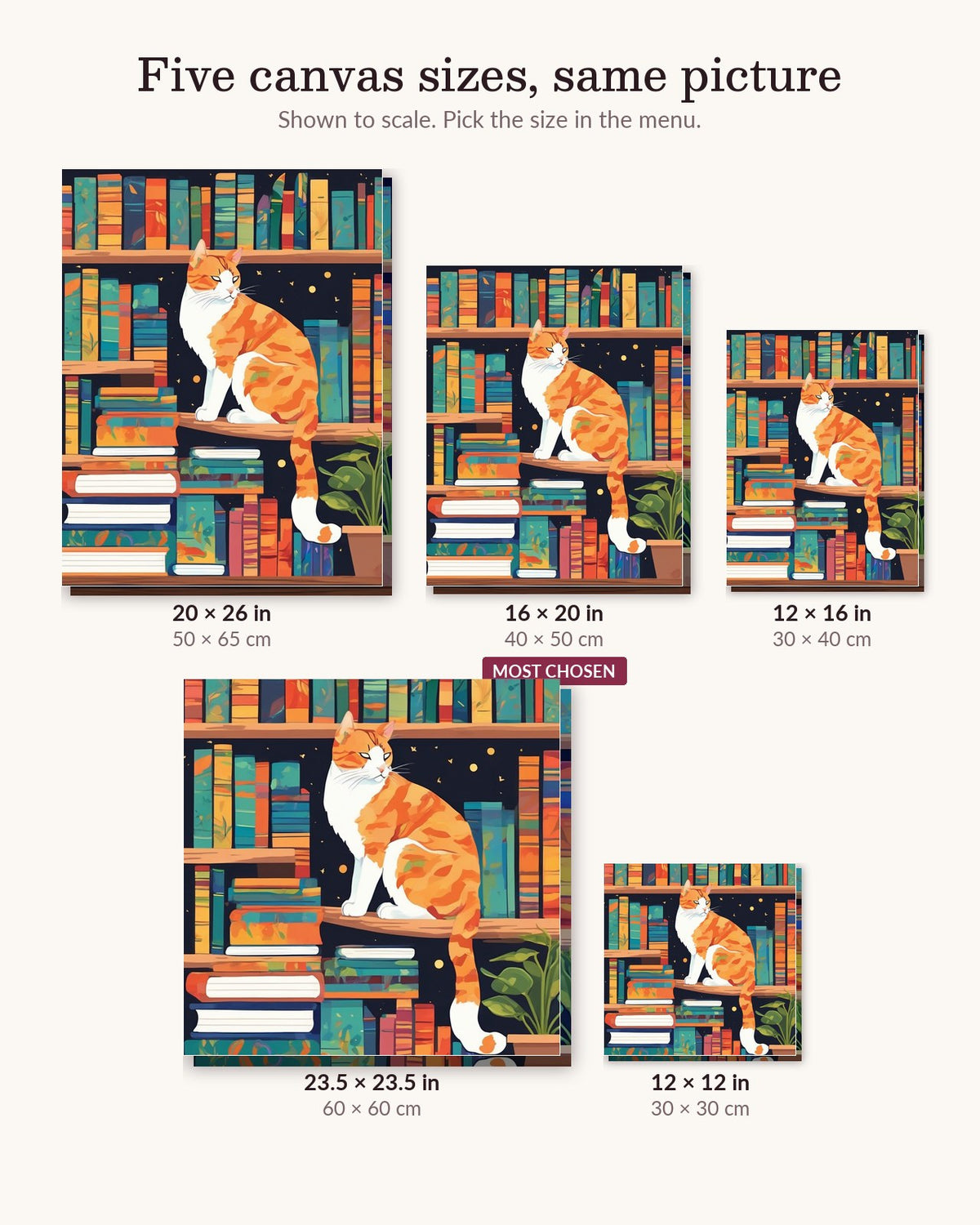 Bookshelf Cat canvas sizes from 12 x 12 to 23.5 x 23.5 inches