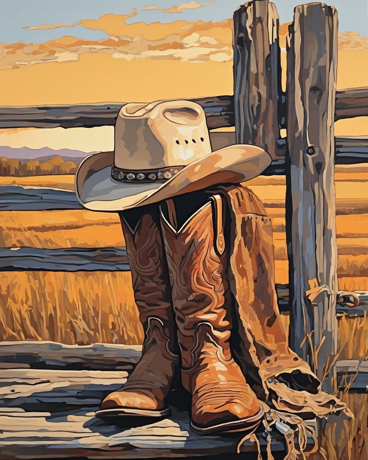 Boots on the Old Fence paint by numbers kit, cream cowboy hat on brown leather boots beside a weathered wooden fence and golden grass