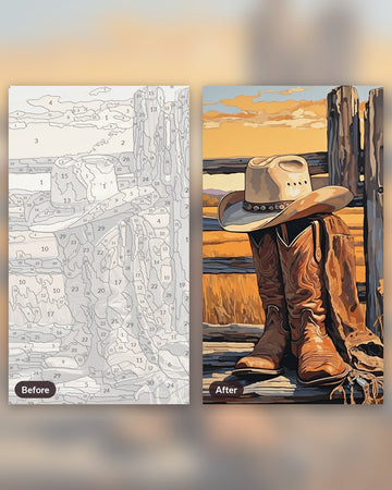 Boots on the Old Fence Painting by Numbers Kit paint by numbers kit, before and after