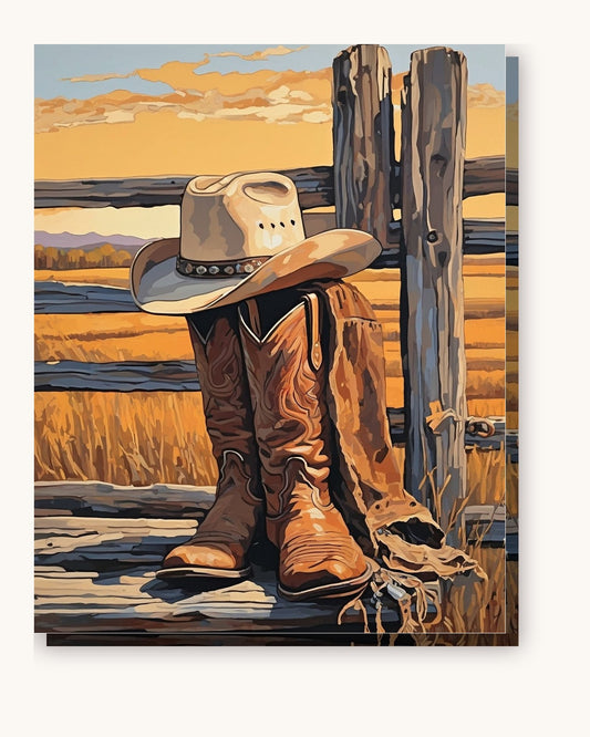 Boots on the Old Fence paint by numbers kit on stretched canvas