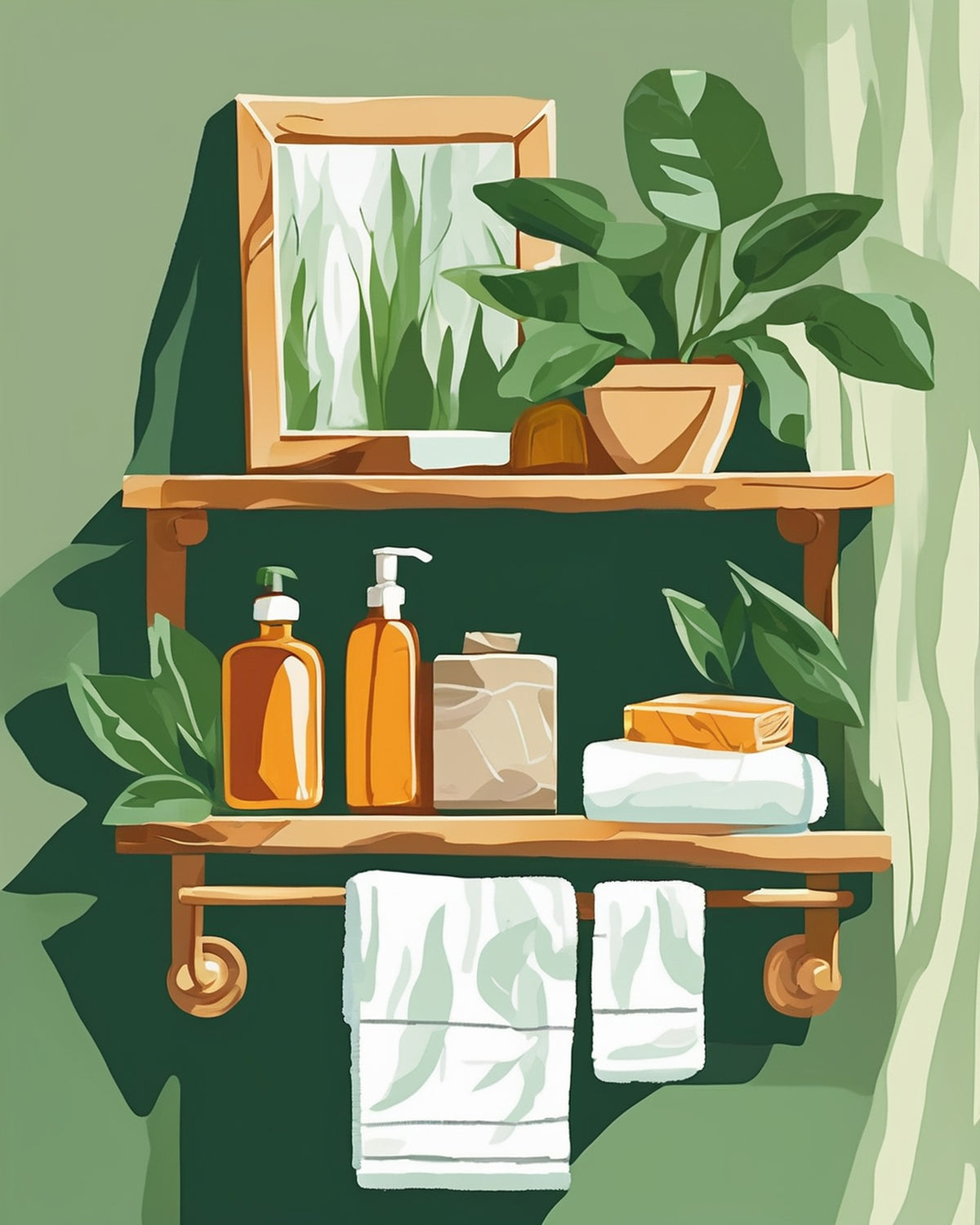 Botanical Bathroom Shelf paint by numbers kit, a wooden bathroom shelf with trailing plants, towels and amber bottles