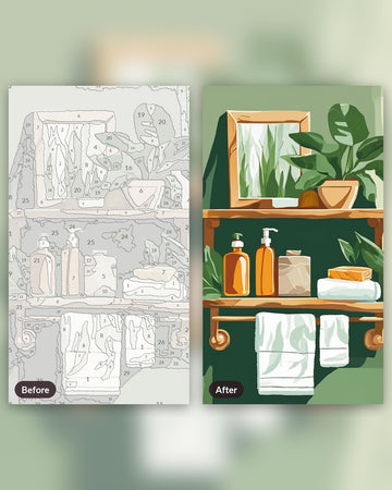 Botanical Bathroom Shelf paint by numbers kit, before and after