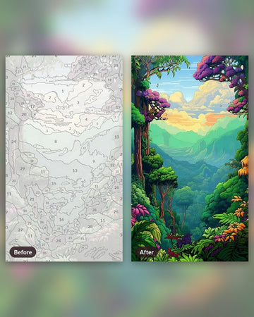 Boulder Falls paint by numbers kit, before and after