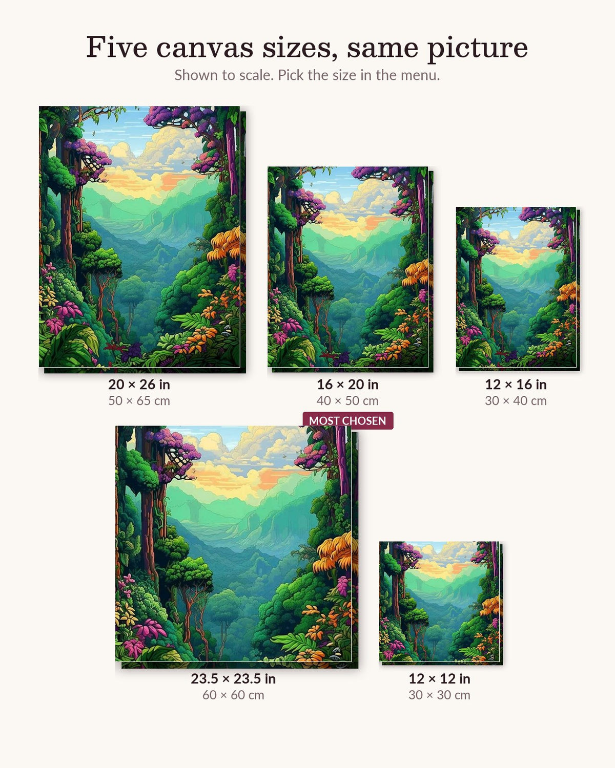 Boulder Falls canvas sizes from 12 x 12 to 23.5 x 23.5 inches