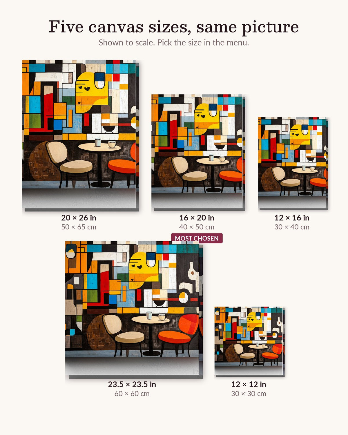 Brewed Bliss canvas sizes from 12 x 12 to 23.5 x 23.5 inches
