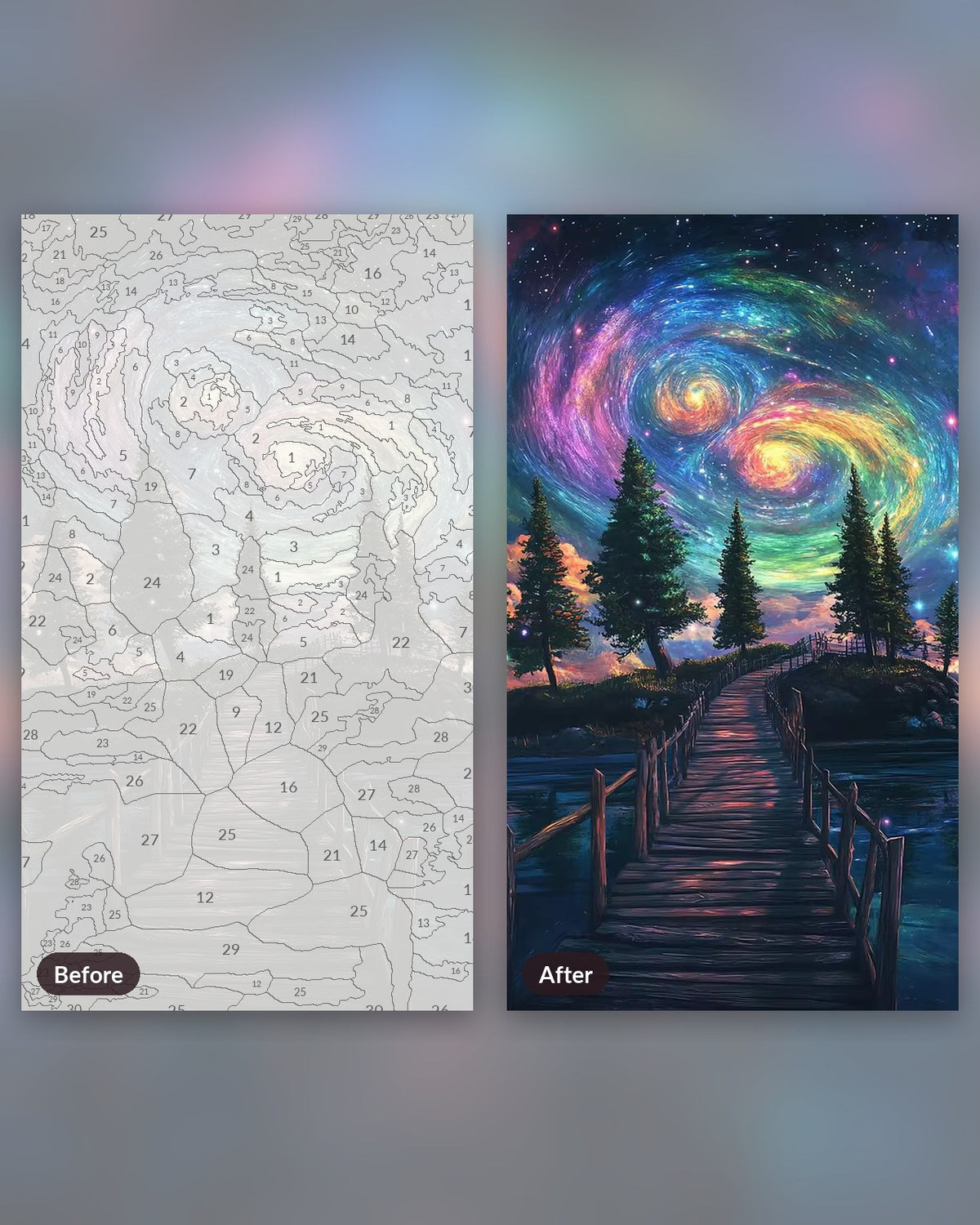 Bridge Between Earth and Space paint by numbers kit, before and after