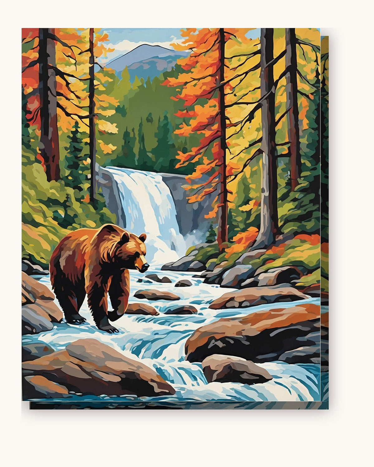 Brown Bear by the Forest Waterfall paint by numbers kit on stretched canvas