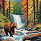 brown bear walking in a rocky river below a waterfall with pine trees and orange autumn leaves, paint by numbers kit
