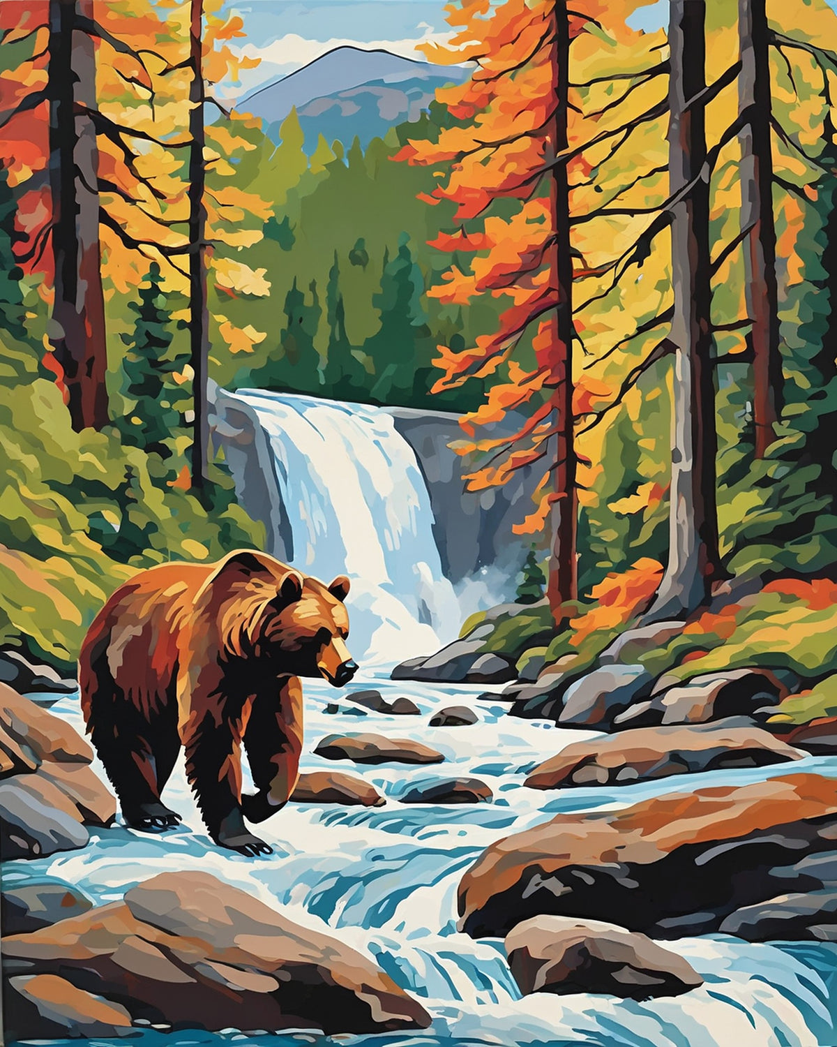 brown bear walking in a rocky river below a waterfall with pine trees and orange autumn leaves, paint by numbers kit