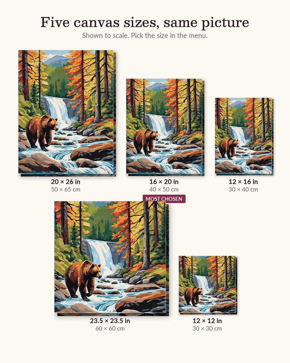 Brown Bear by the Forest Waterfall canvas sizes from 12 x 12 to 23.5 x 23.5 inches
