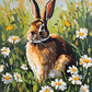 brown rabbit sitting in tall green grass with white daisies in soft light, paint by numbers kit