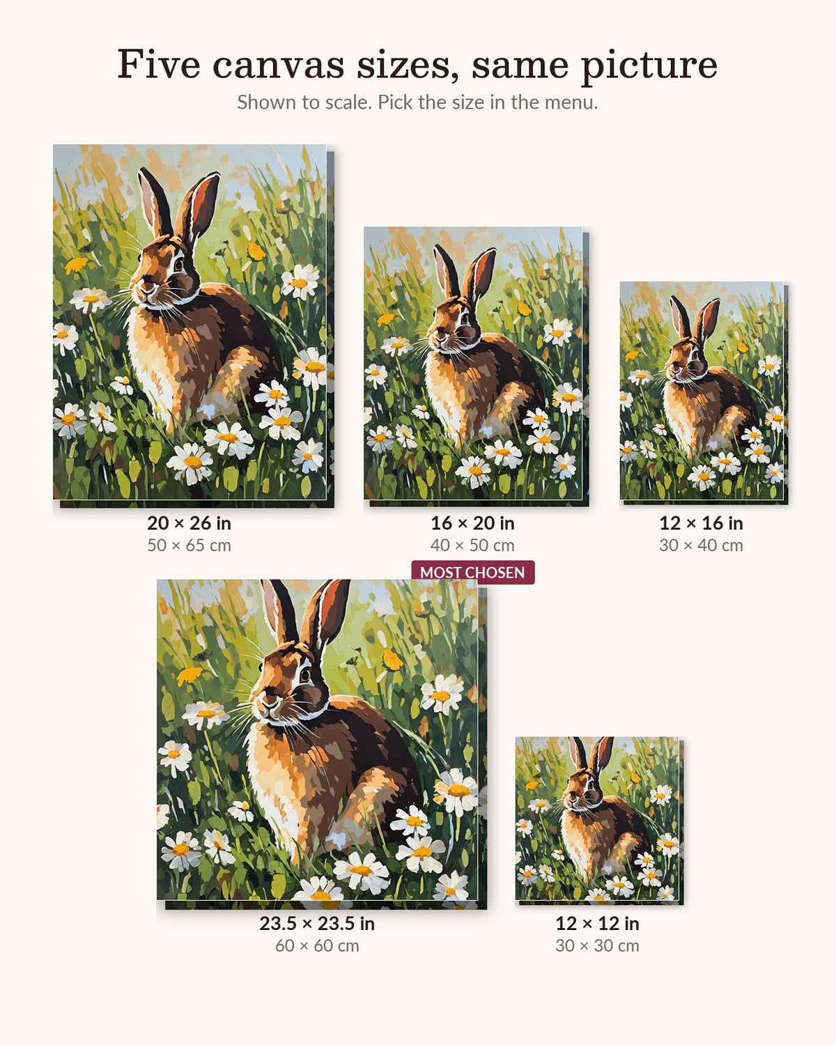 Brown Rabbit in the Daisy Meadow canvas sizes from 12 x 12 to 23.5 x 23.5 inches