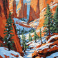 orange rock towers and green pines with snow in a canyon under a pale blue sky, paint by numbers kit