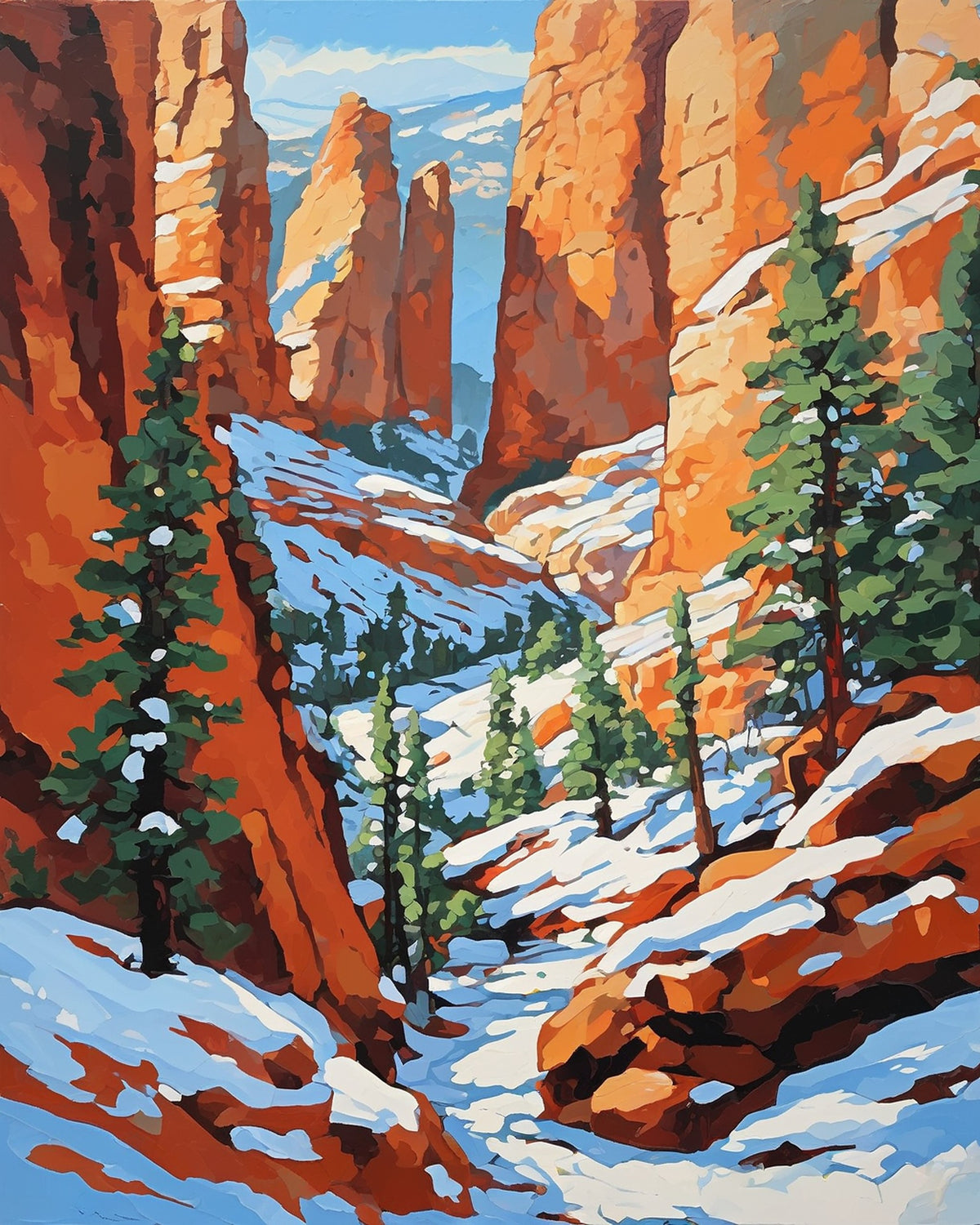 orange rock towers and green pines with snow in a canyon under a pale blue sky, paint by numbers kit