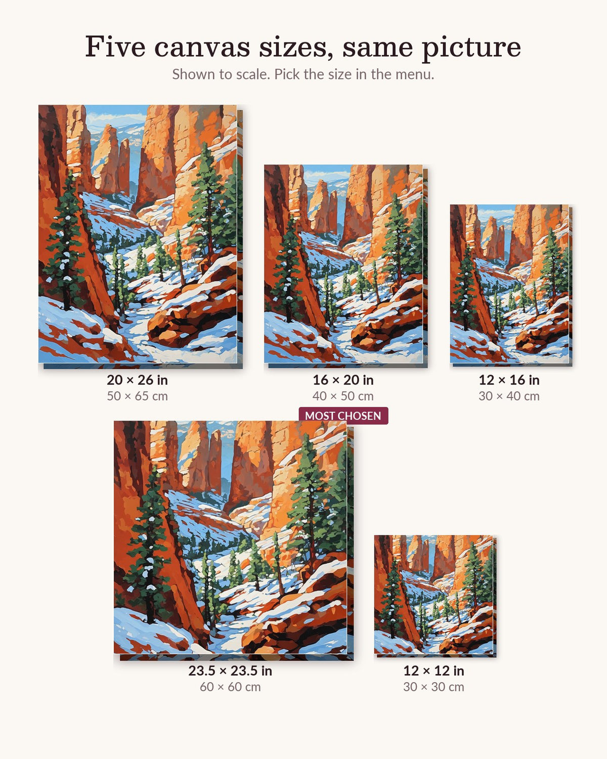 Bryce Canyon in Snow canvas sizes from 12 x 12 to 23.5 x 23.5 inches