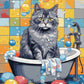 Bubble Bath Cat paint by numbers kit, a grey cat sitting in a bubble filled bathtub with bath bombs around