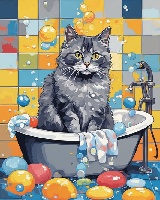 Bubble Bath Cat paint by numbers kit, a grey cat sitting in a bubble filled bathtub with bath bombs around