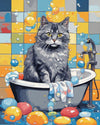 Bubble Bath Cat paint by numbers kit, a grey cat sitting in a bubble filled bathtub with bath bombs around
