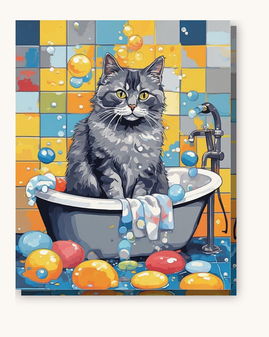 Bubble Bath Cat paint by numbers kit on stretched canvas