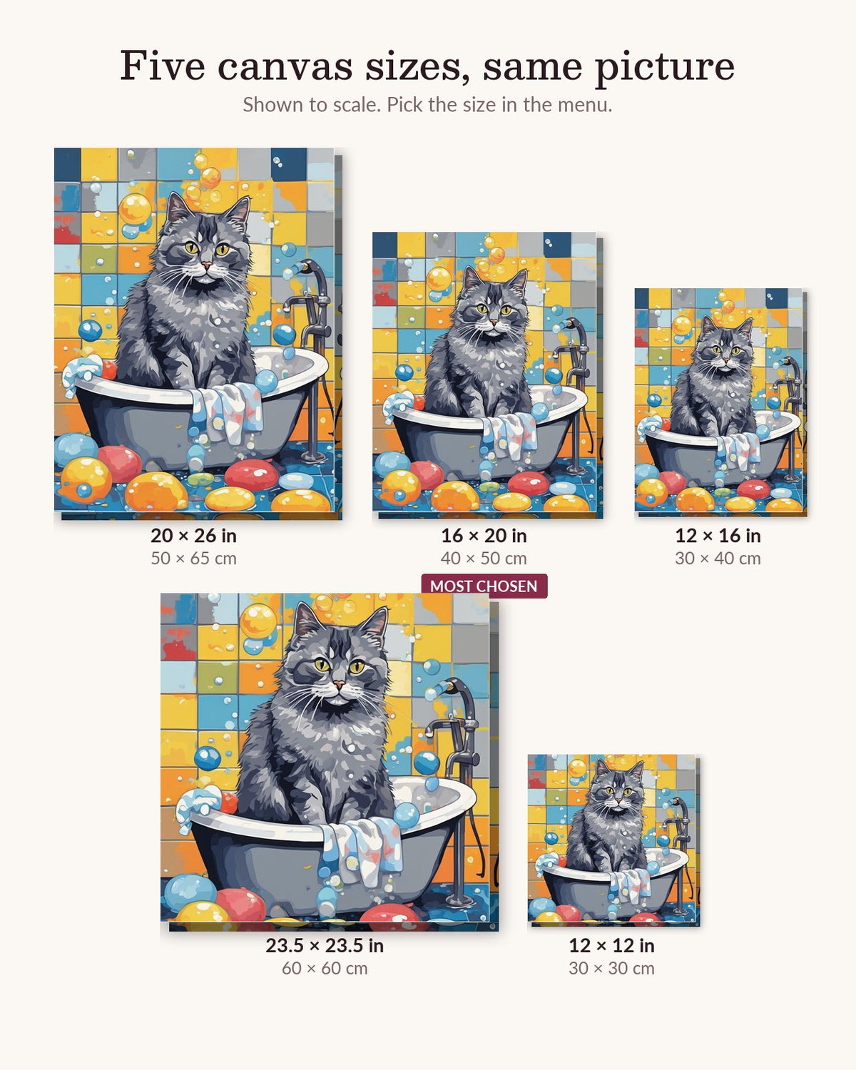 Bubble Bath Cat canvas sizes from 12 x 12 to 23.5 x 23.5 inches