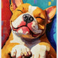 Relaxing Bully Retreat Painting By Numbers Kit featuring a smiling bulldog in vibrant colors.
