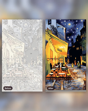 Cafe Terrace paint by numbers kit, before and after