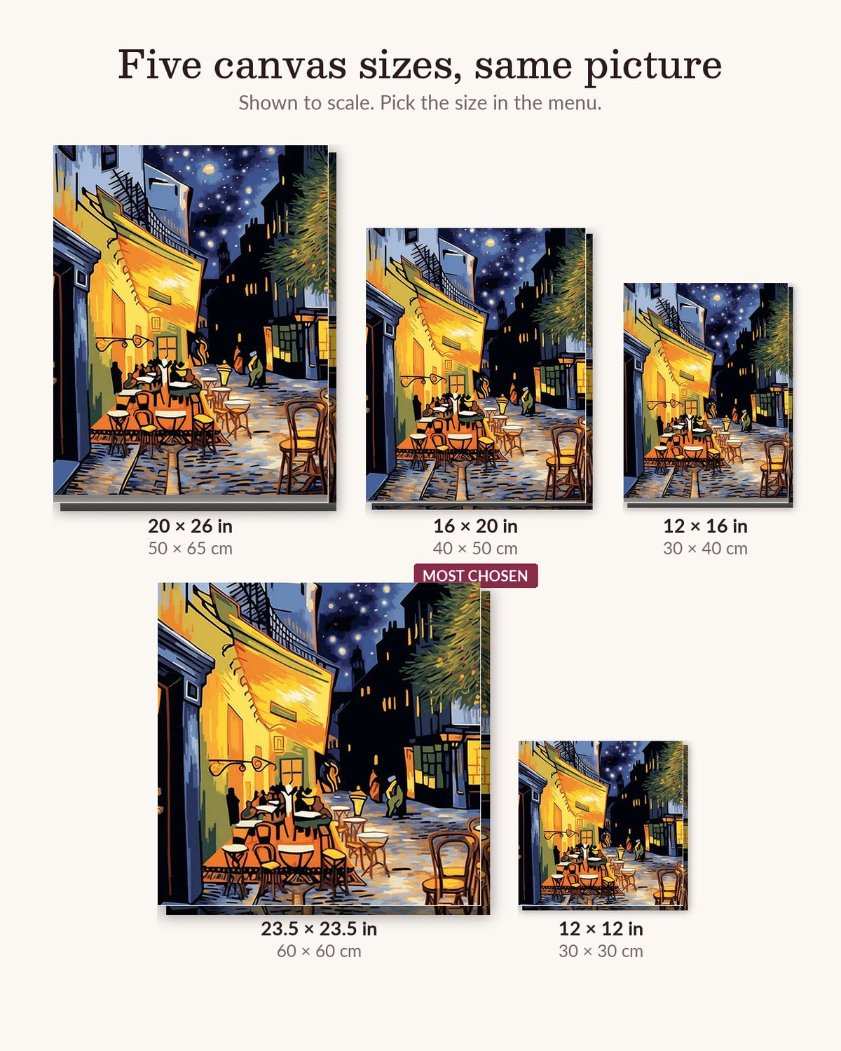 Cafe Terrace canvas sizes from 12 x 12 to 23.5 x 23.5 inches