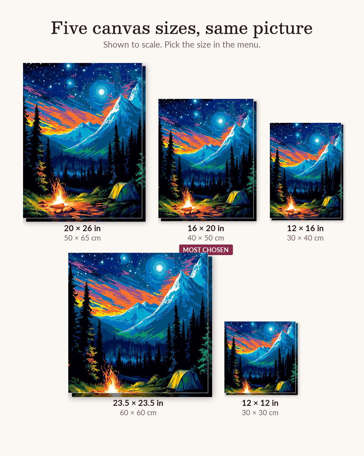 Camping in The Woods canvas sizes from 12 x 12 to 23.5 x 23.5 inches