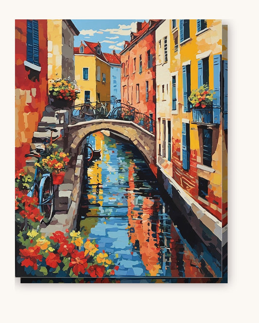 Canal Bridge with Bicycles and Flowers paint by numbers kit on stretched canvas