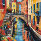 stone bridge over a narrow canal with bicycles, flower boxes and tall colorful houses, paint by numbers kit