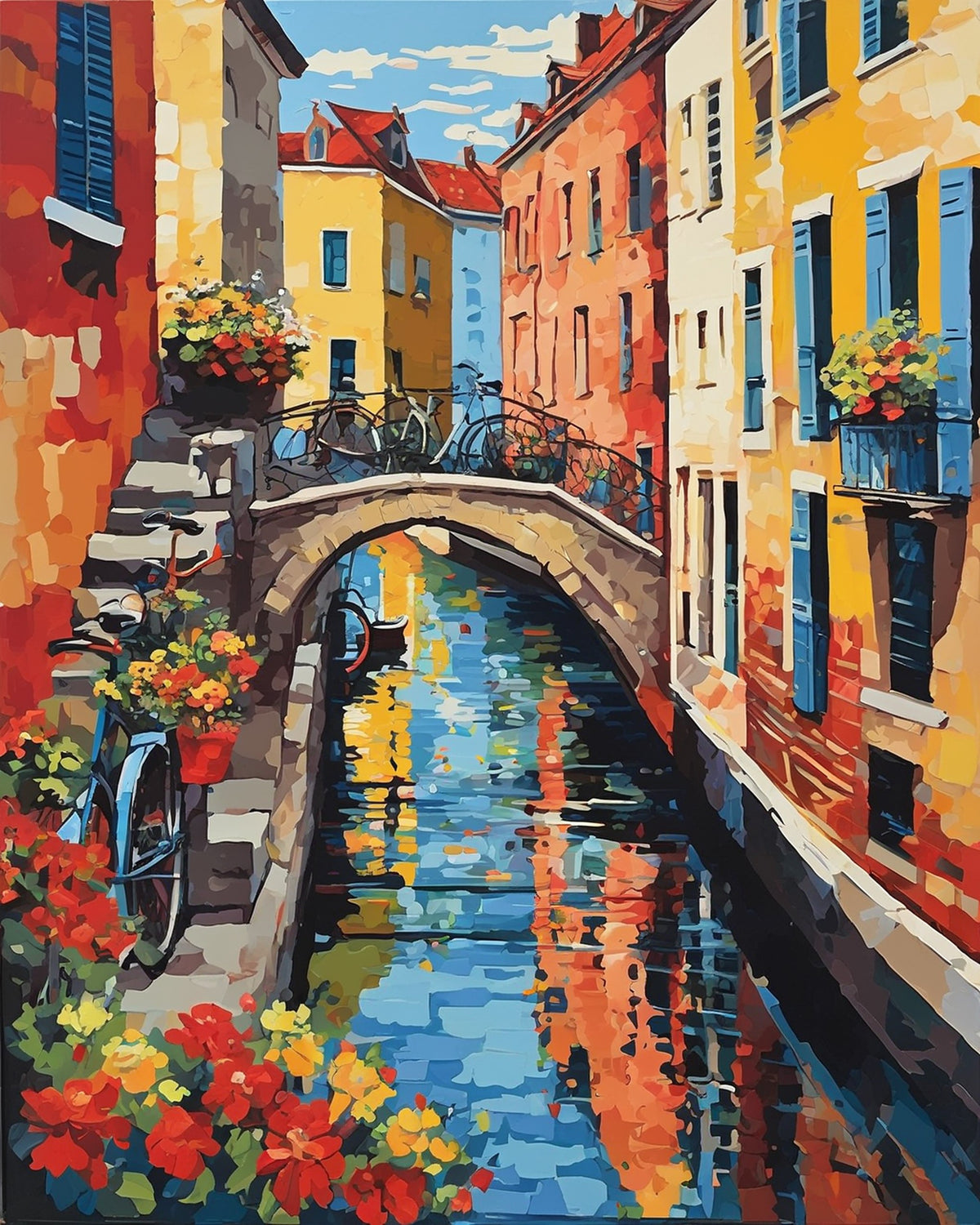 stone bridge over a narrow canal with bicycles, flower boxes and tall colorful houses, paint by numbers kit